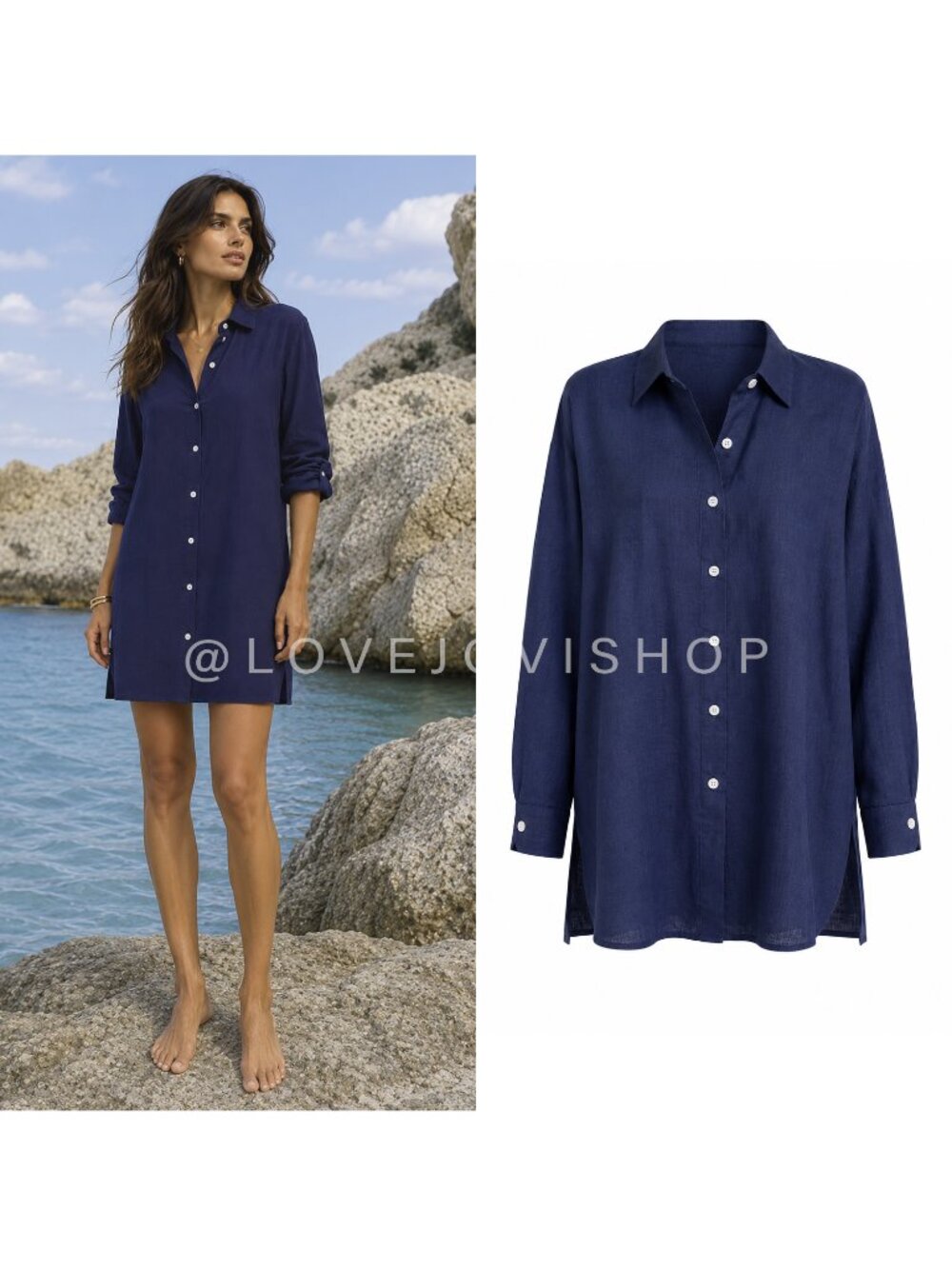 Coastal | Navy Linen Shirt Dress Tunic Button Up | Crisp Like New | Royal Blue L